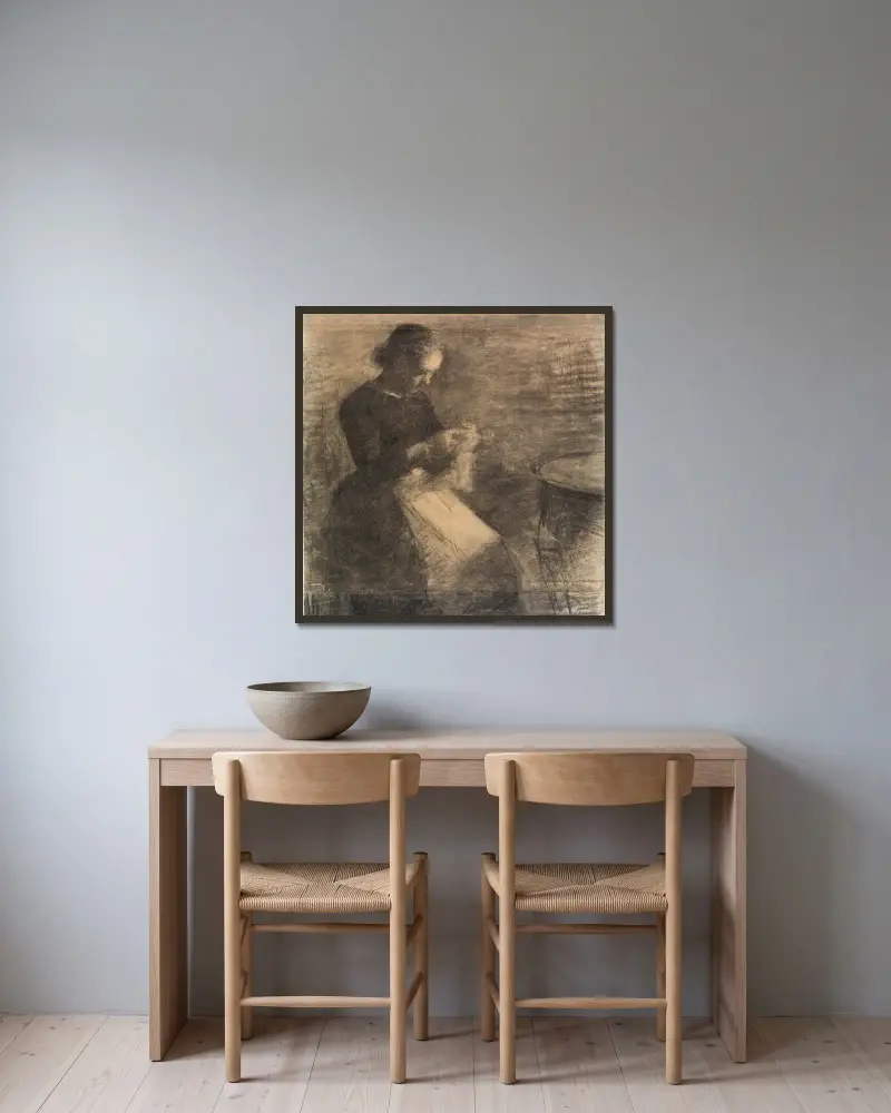 Portrait of Ida Hammershøi with Needlework av Vilhelm Hammershøi inramad på en vägg