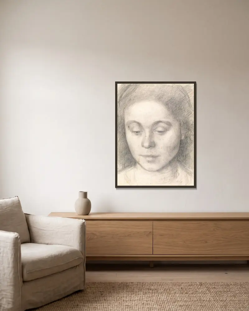 Portrait of Ida, the Artist’s Wife av Vilhelm Hammershøi inramad på en vägg