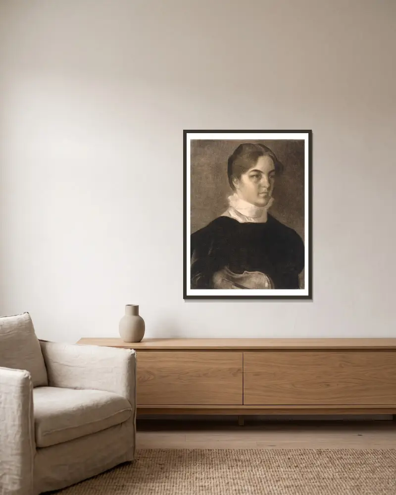 Portrait of Karen Bramsen av Vilhelm Hammershøi inramad på en vägg