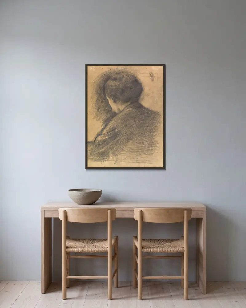 Selbstporträt von hinten gesehen von Vilhelm Hammershøi gerahmt an einer Wand