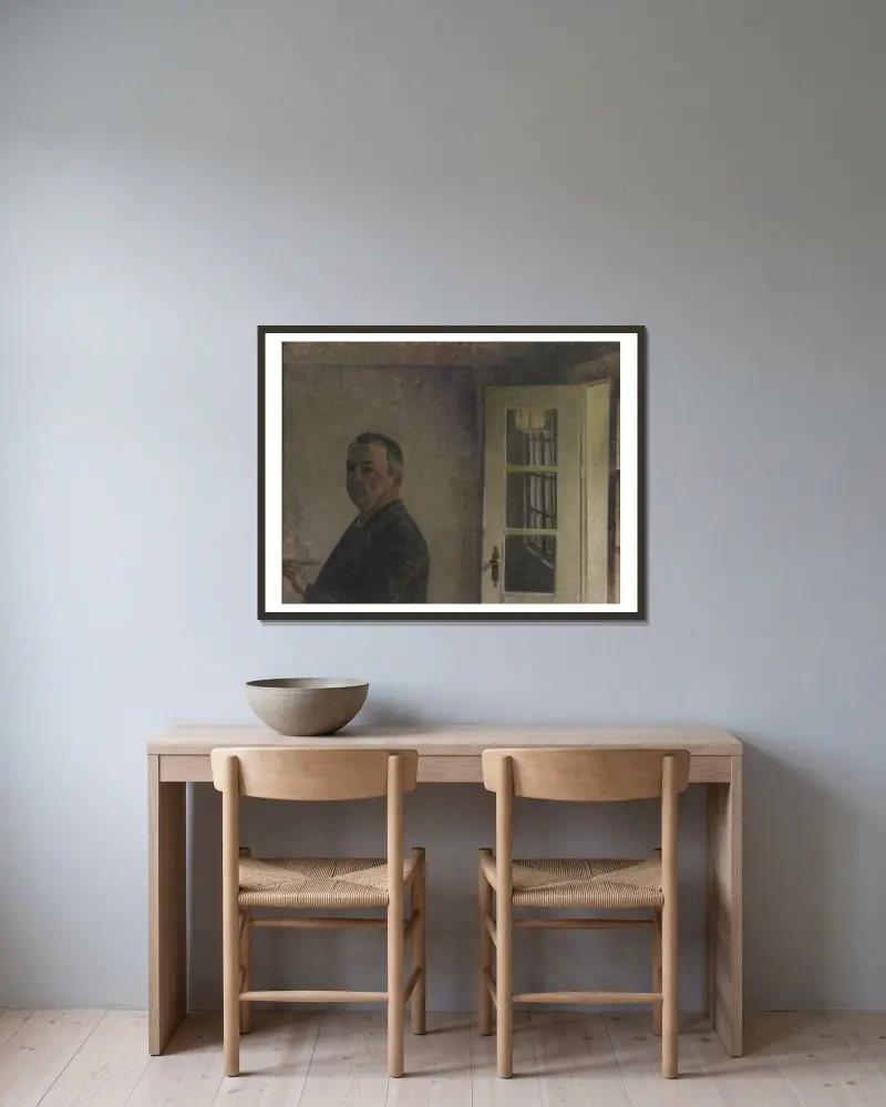 Self-Portrait. The Cottage Spurveskjul at Sorgenfri, North of Copenhagen av Vilhelm Hammershøi inramad på en vägg