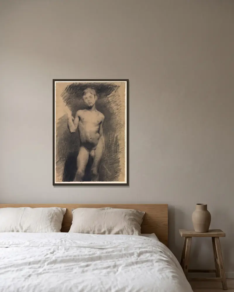 Stehender nackter Junge. Modellstudie von Vilhelm Hammershøi gerahmt an einer Wand
