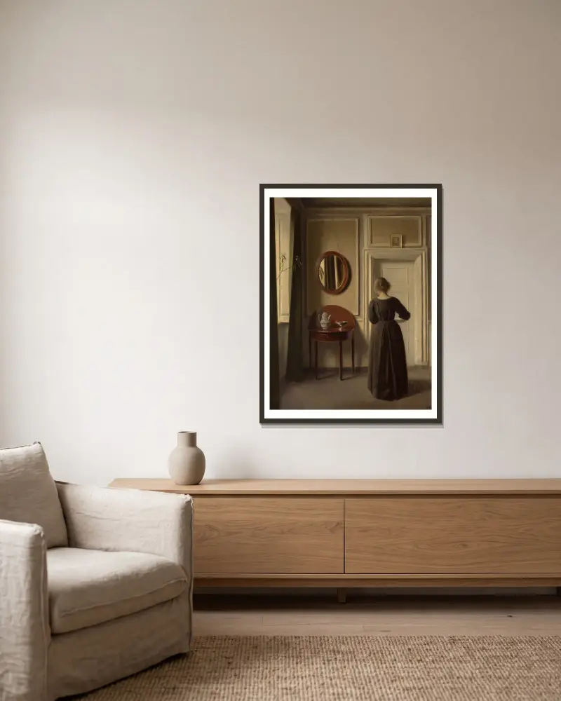 Stube (Interieur mit ovalem Spiegel), 1900 von Vilhelm Hammershøi gerahmt an einer Wand