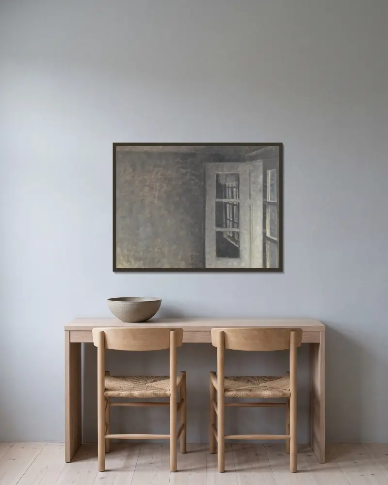 The balcony room at Spurveskjul av Vilhelm Hammershøi inramad på en vägg