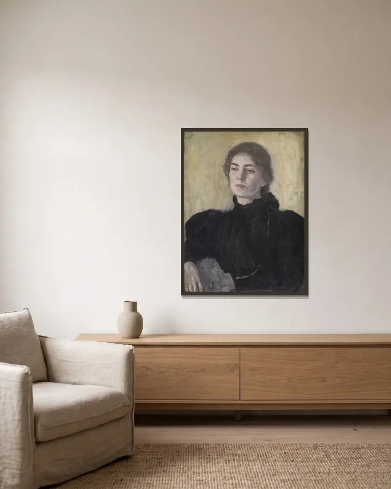 Thora Bendix, née Anne Victoria Sundberg av Vilhelm Hammershøi inramad på en vägg