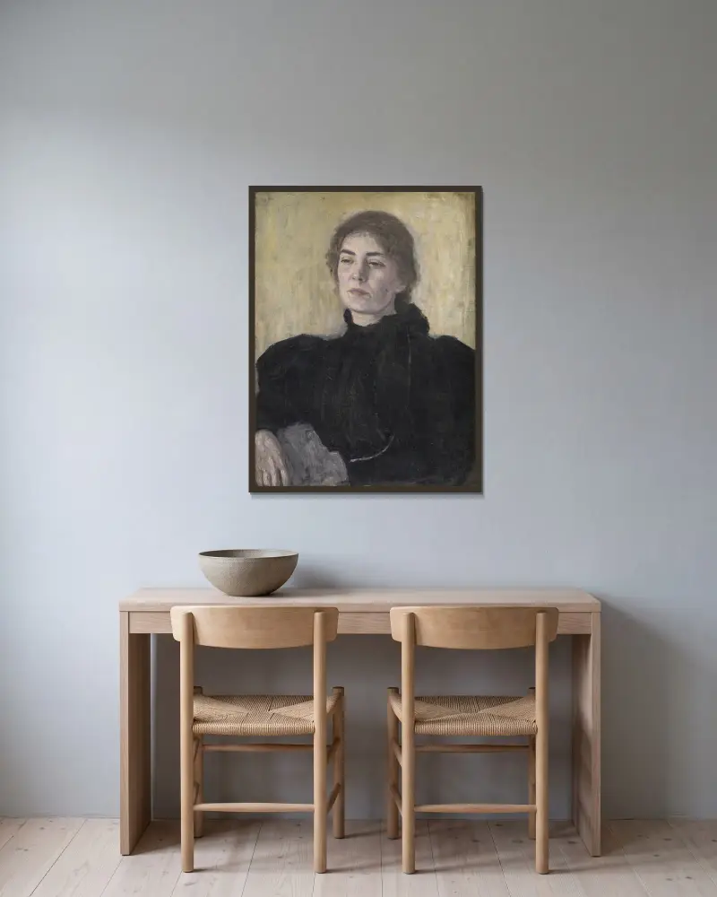 Thora Bendix, née Anne Victoria Sundberg av Vilhelm Hammershøi inramad på en vägg