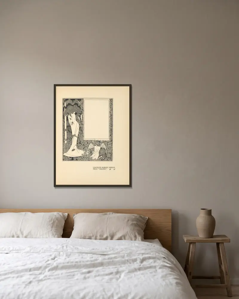 Rahmenentwurf für das Inhaltsverzeichnis. Aus „Salome“ von Aubrey Vincent Beardsley gerahmt an einer Wand