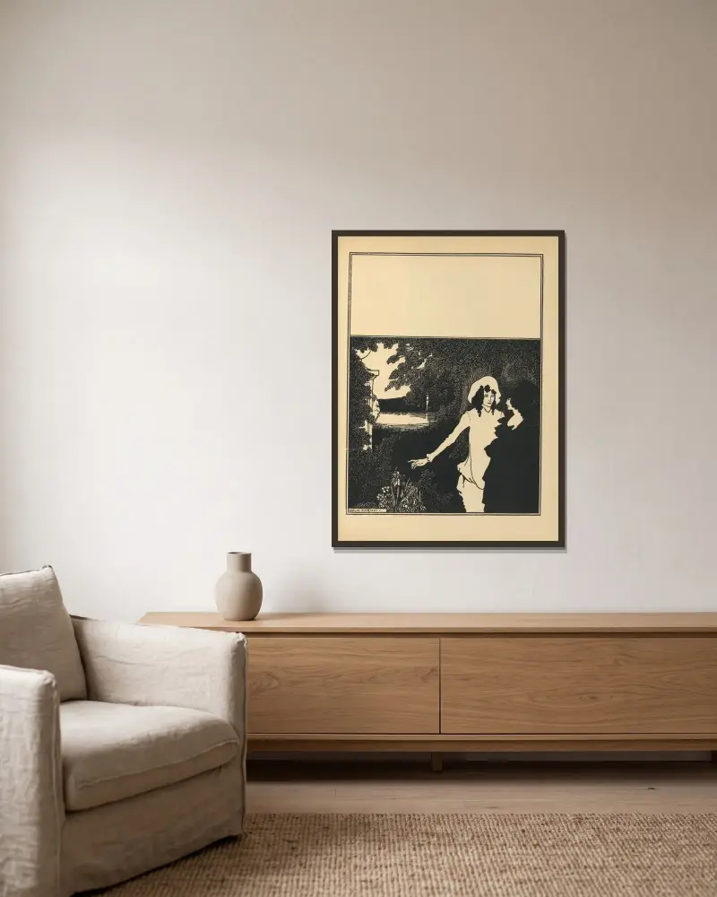 Omslagsdesign. Ur 'The Savoy' nr 5 av Aubrey Vincent Beardsley inramad på en vägg