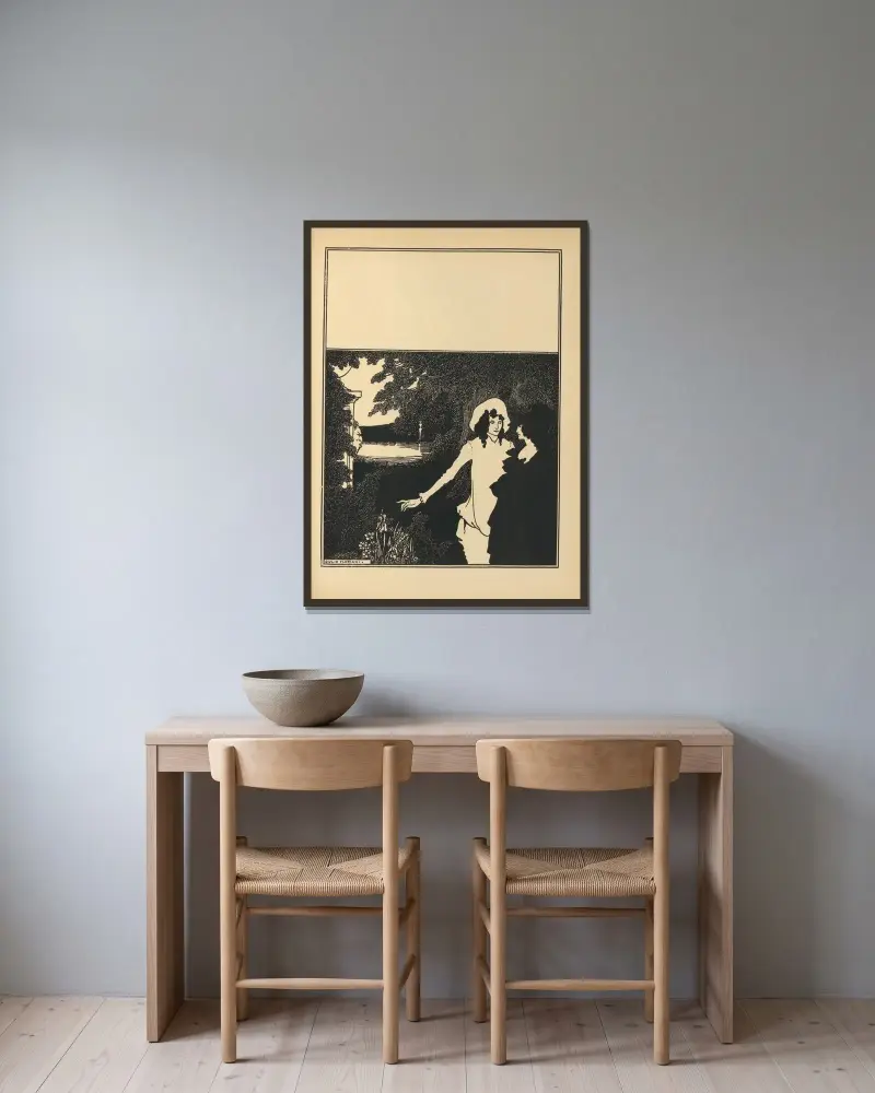 Omslagsdesign. Ur 'The Savoy' nr 5 av Aubrey Vincent Beardsley inramad på en vägg