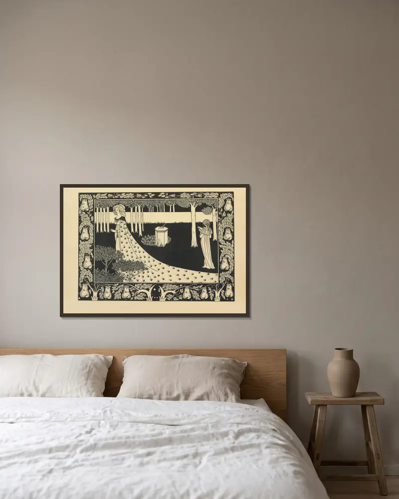 La Beale Isoud på Joyous Gard, ur 'Le Morte Darthur' av Aubrey Vincent Beardsley inramad på en vägg
