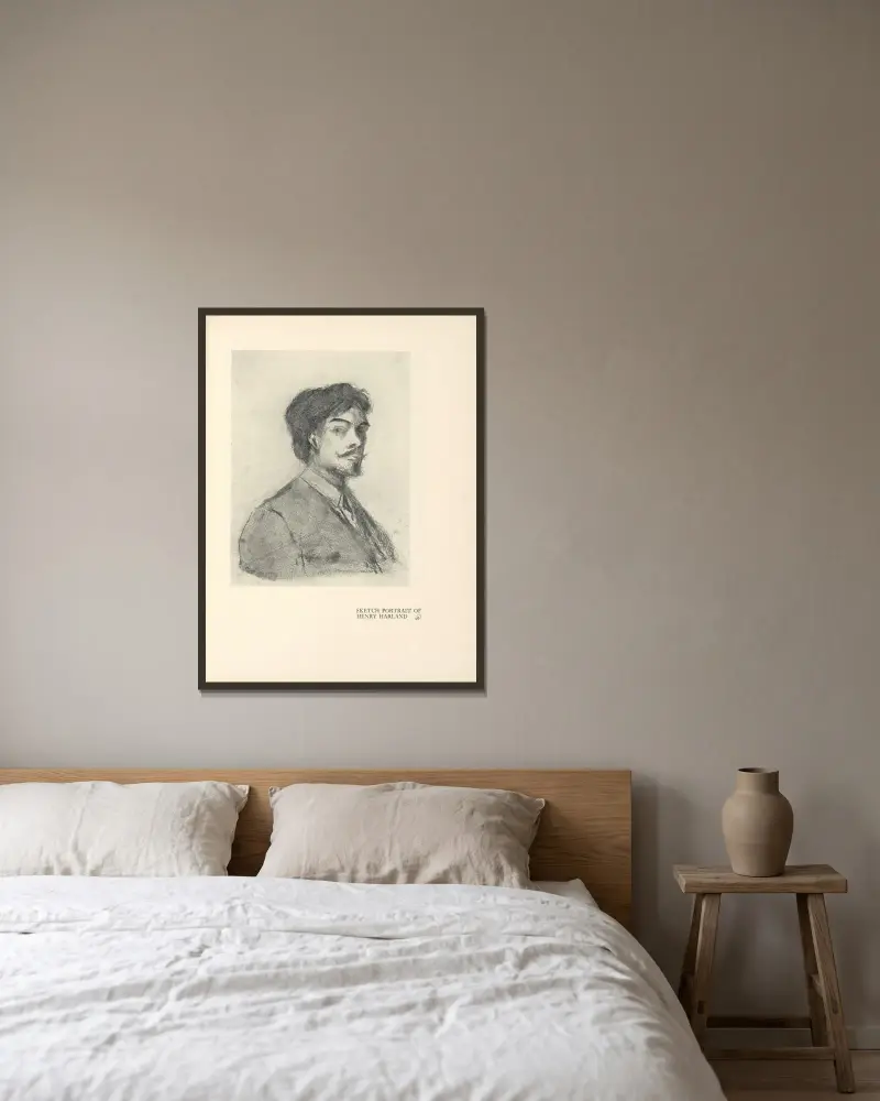 Sketch Portrait of Henry Harland av Aubrey Vincent Beardsley inramad på en vägg