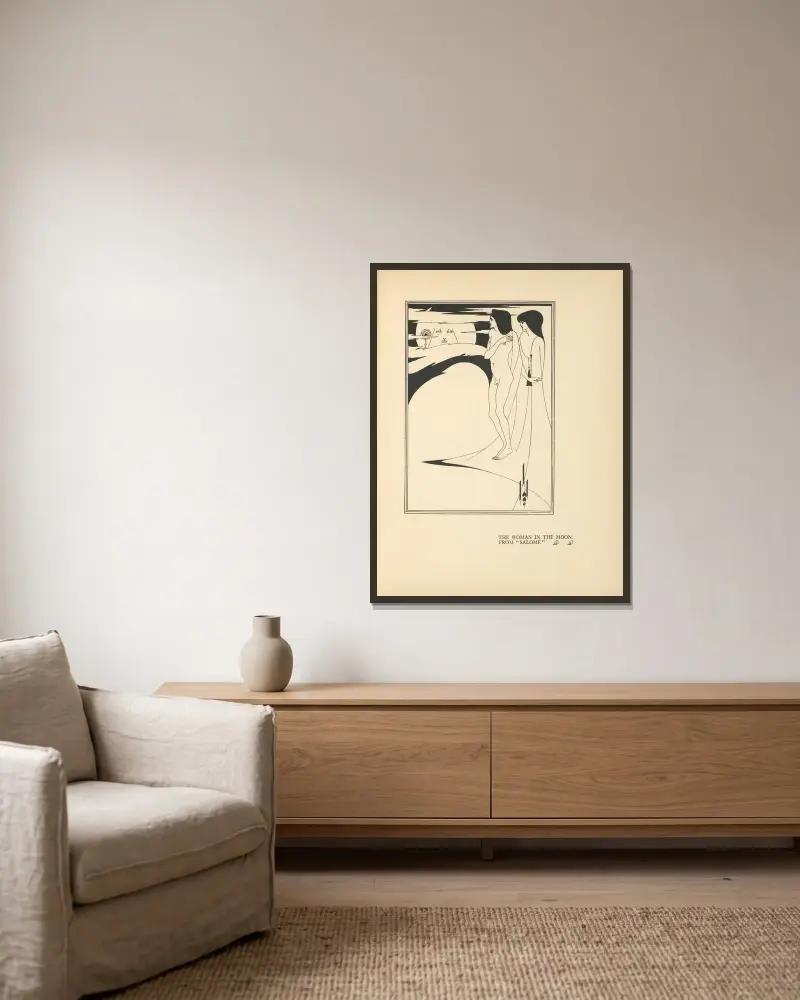 Die Frau im Mond. Aus 'Salome' von Aubrey Vincent Beardsley gerahmt an einer Wand