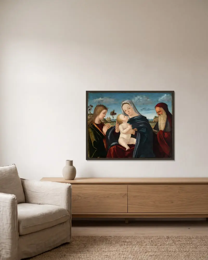 Maria mit dem Kind und den Heiligen Katharina und Hieronymus av Vittore Carpaccio inramad på en vägg
