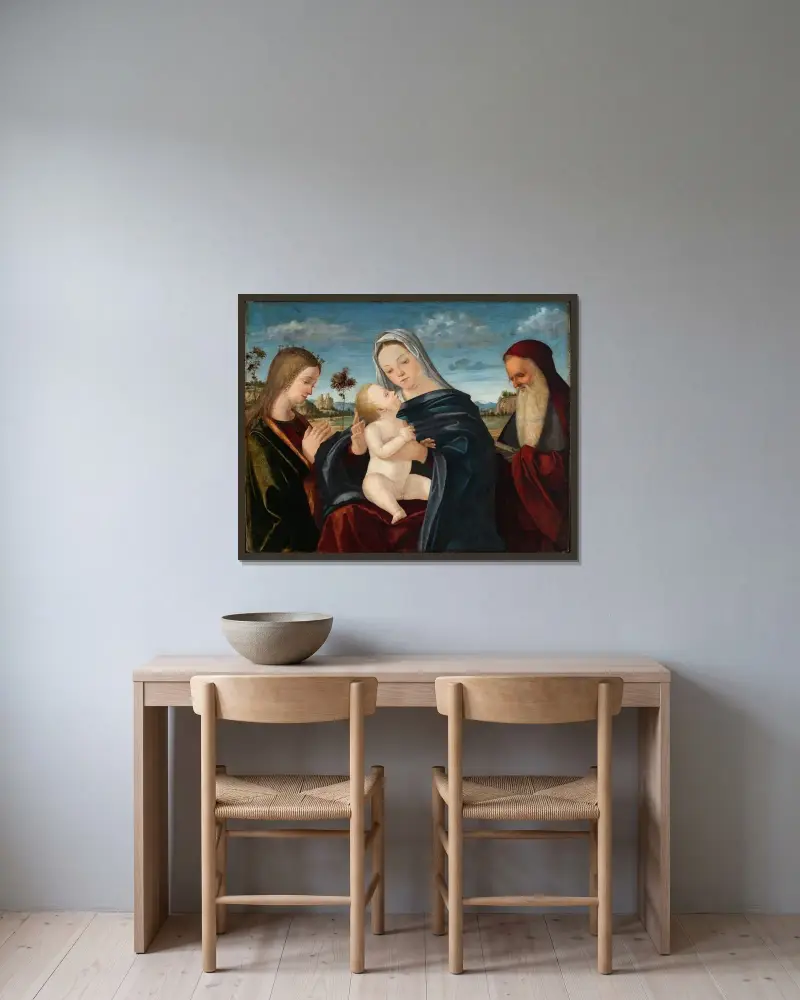 Maria mit dem Kind und den Heiligen Katharina und Hieronymus av Vittore Carpaccio inramad på en vägg