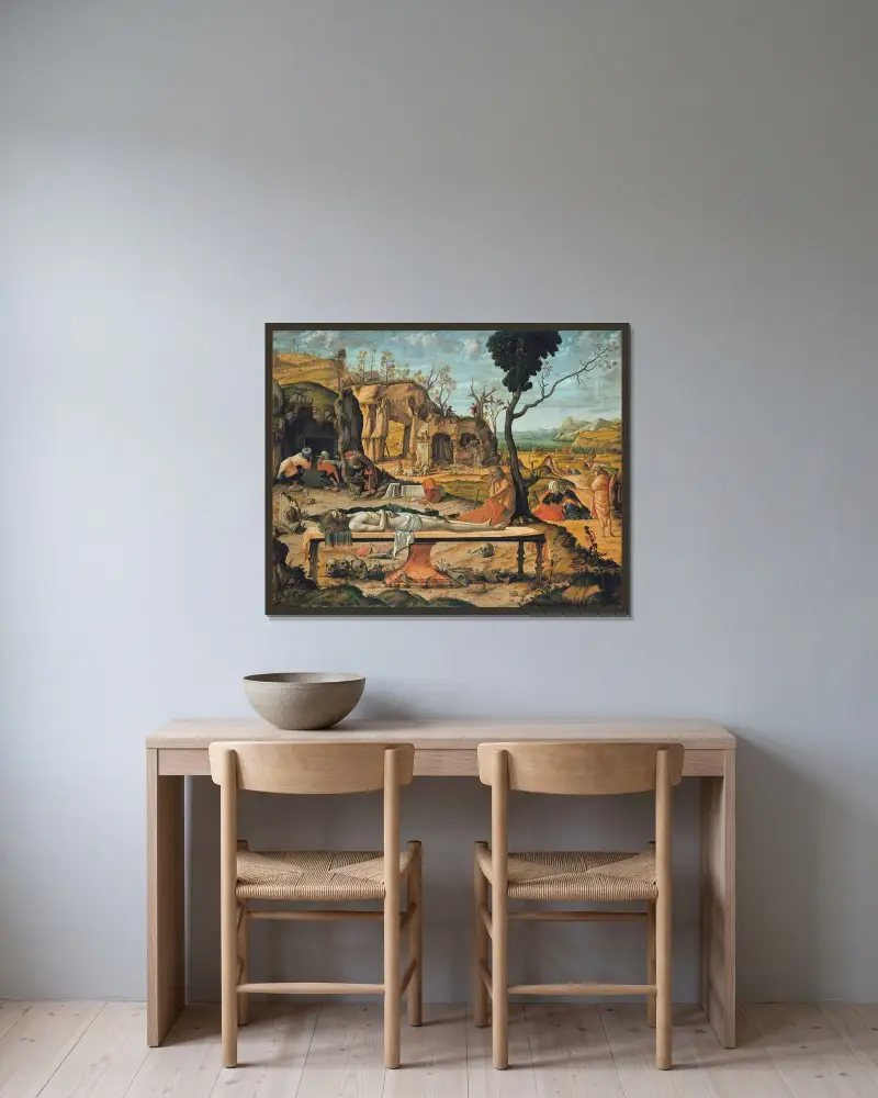 Förberedelsen av Kristi grav av Vittore Carpaccio inramad på en vägg