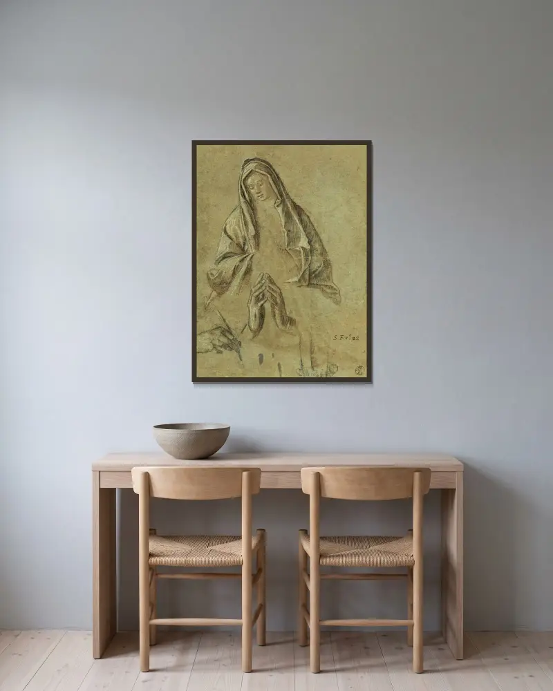 Studie av Jungfrun och händer av Vittore Carpaccio inramad på en vägg