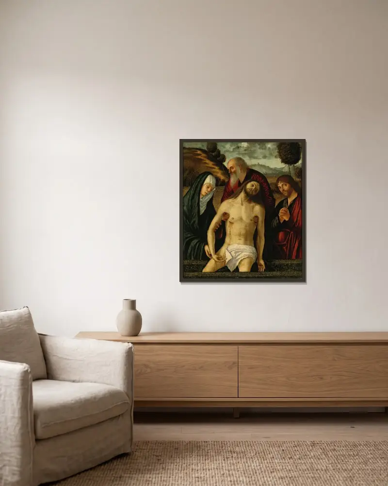 The Lamentation, With The Madonna And Saints Joseph Of Arimathea And John The Evangelist av Vittore Carpaccio inramad på en vägg