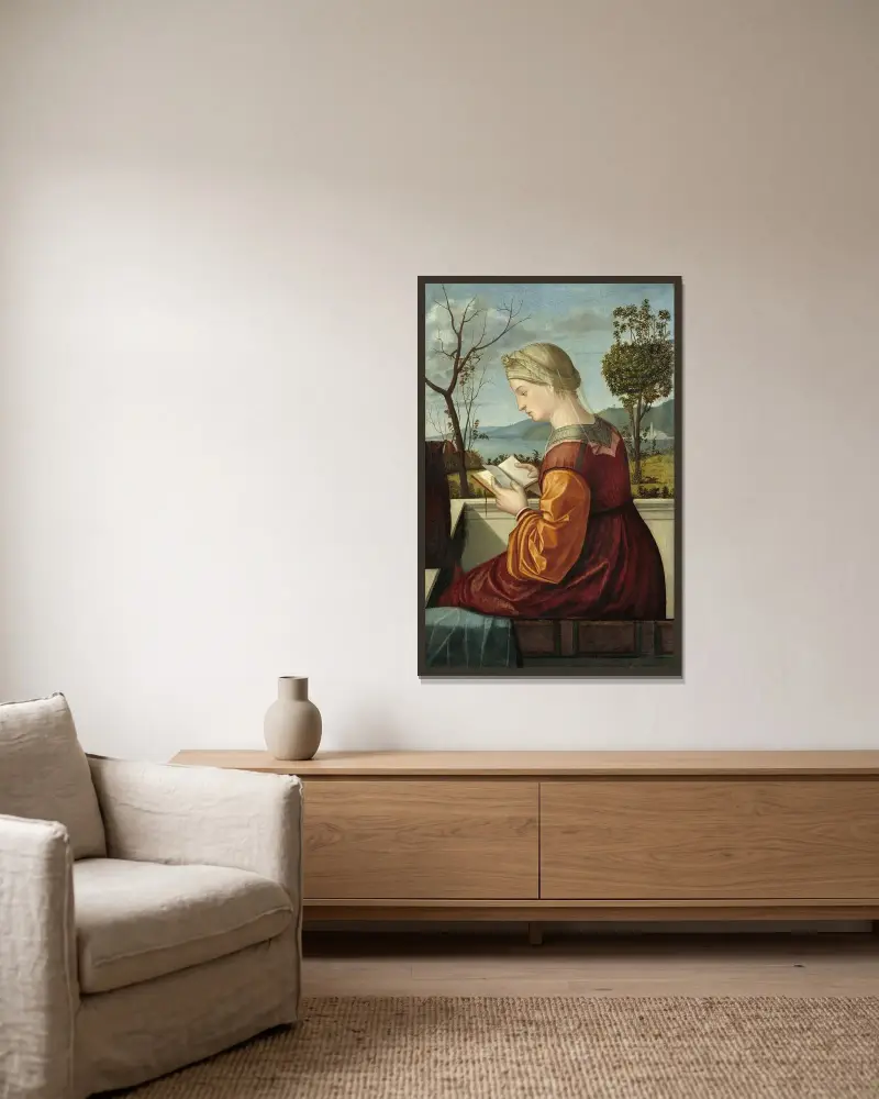 The Virgin Reading av Vittore Carpaccio inramad på en vägg
