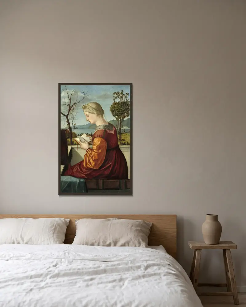 The Virgin Reading av Vittore Carpaccio inramad på en vägg