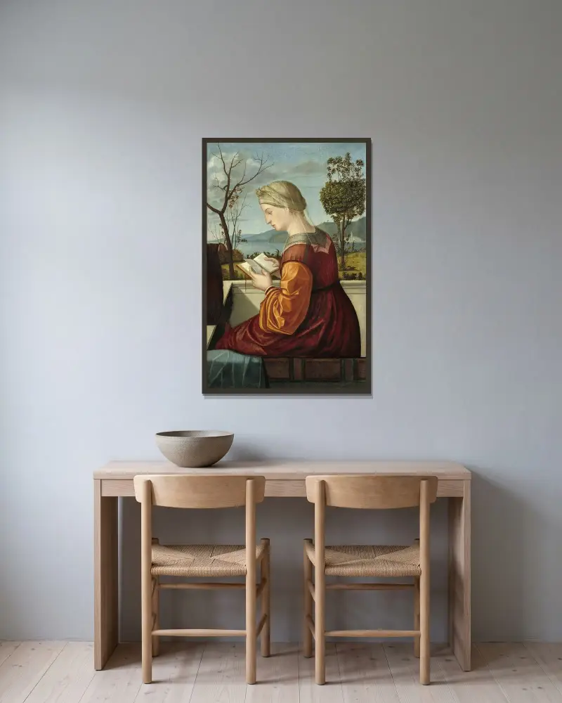 The Virgin Reading av Vittore Carpaccio inramad på en vägg