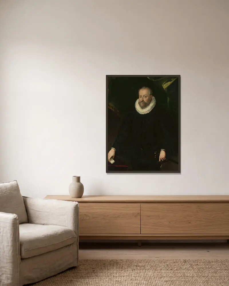 Portrait of a man av Hans von Aachen inramad på en vägg