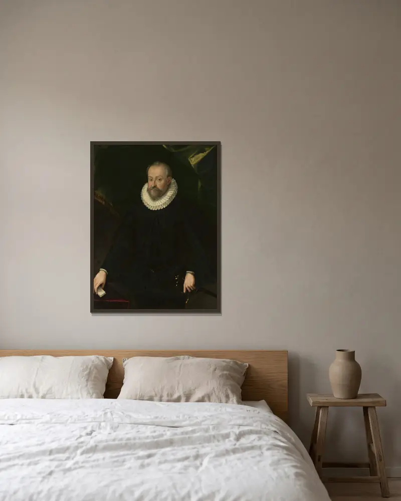 Portrait of a man av Hans von Aachen inramad på en vägg