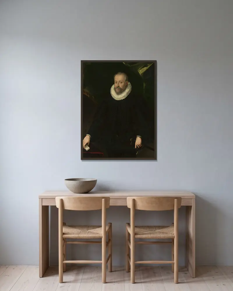 Portrait of a man av Hans von Aachen inramad på en vägg