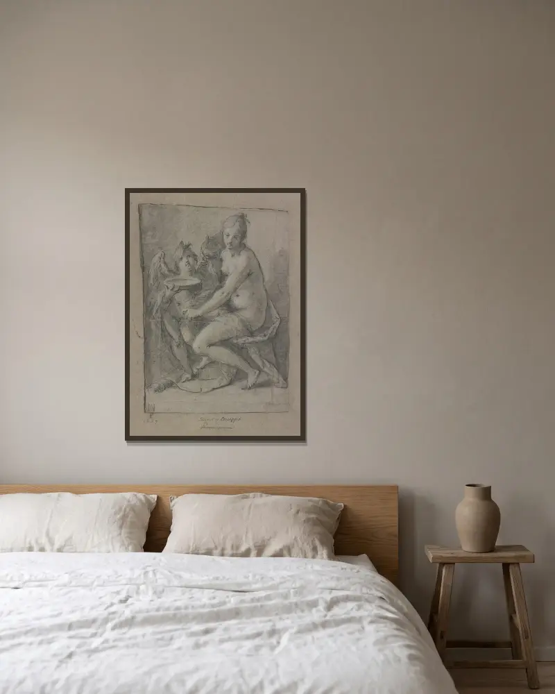 Sitzende Venus und stehender Amor mit Schale av Hans von Aachen inramad på en vägg