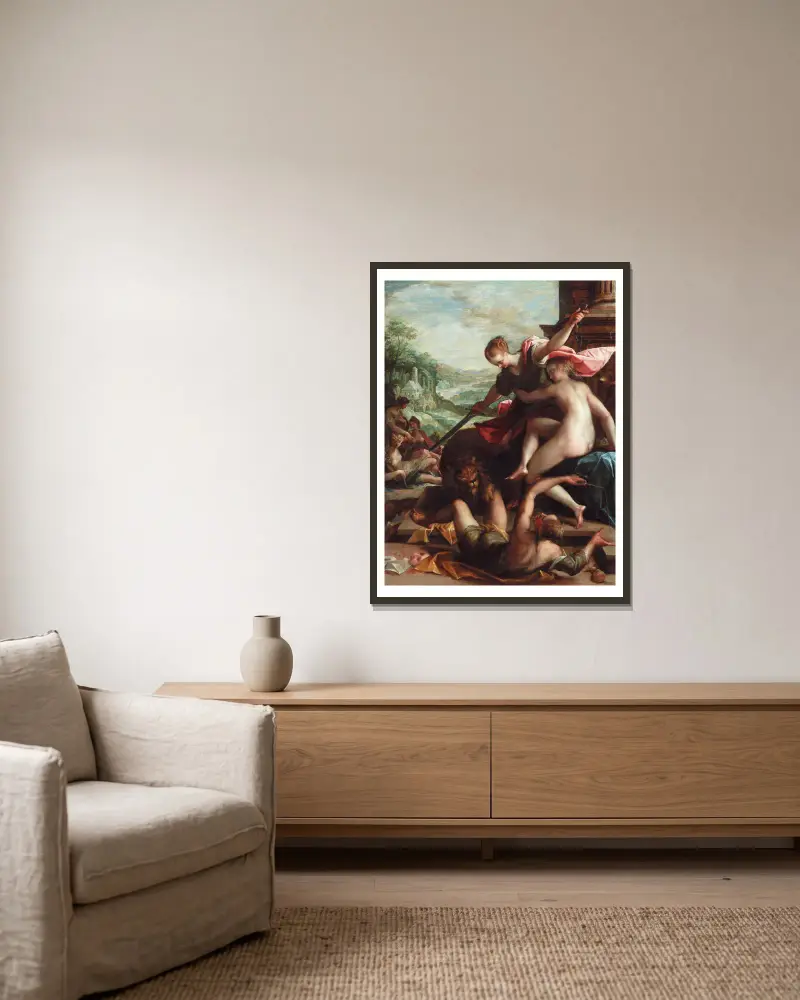 The Triumph of Truth av Hans von Aachen inramad på en vägg