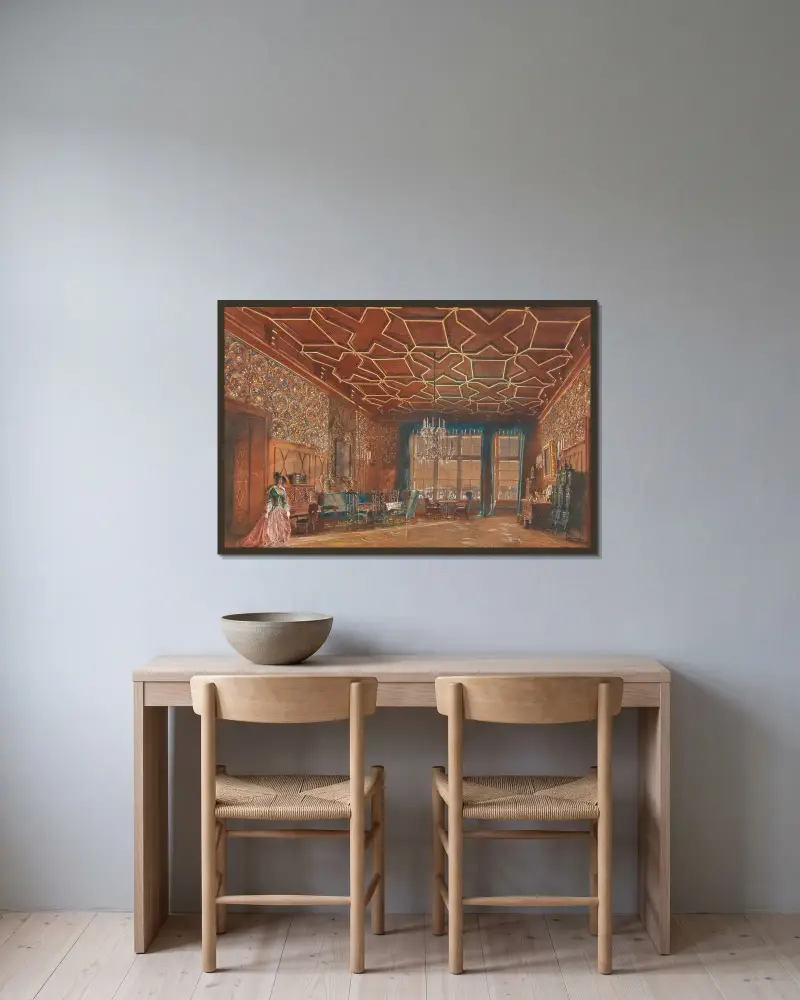 Ein Interieur auf Burg Rožmberk von Rudolf von Alt gerahmt an einer Wand