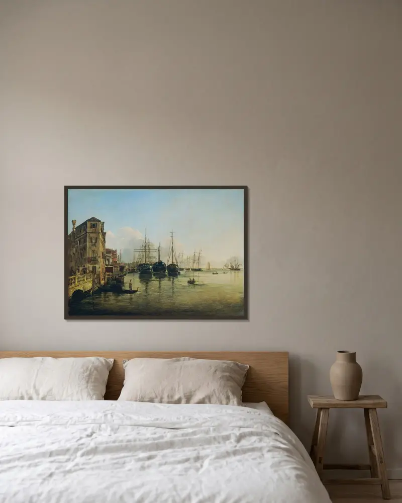 Ansicht der Strada Nuova gegen die Giardini Pubblici in Venedig von Rudolf von Alt gerahmt an einer Wand