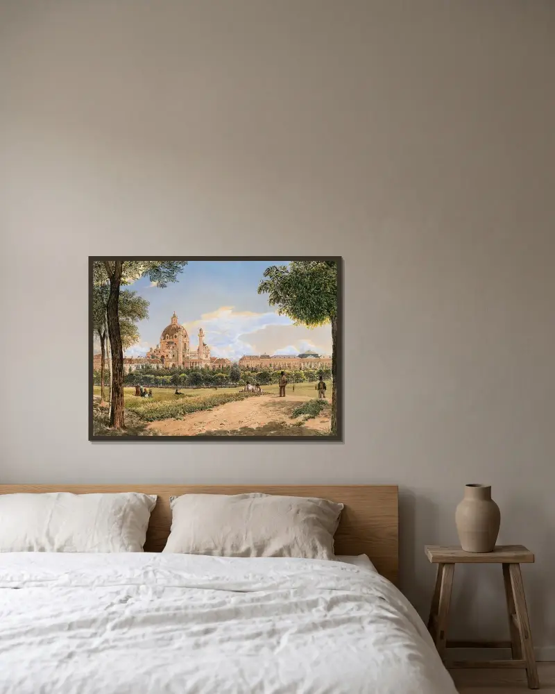 Blick auf die Karlskirche und das Polytechnische Institut von Rudolf von Alt gerahmt an einer Wand