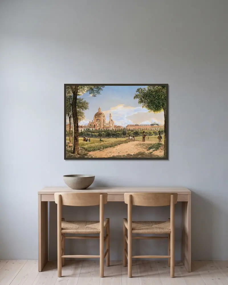 Blick auf die Karlskirche und das Polytechnische Institut von Rudolf von Alt gerahmt an einer Wand