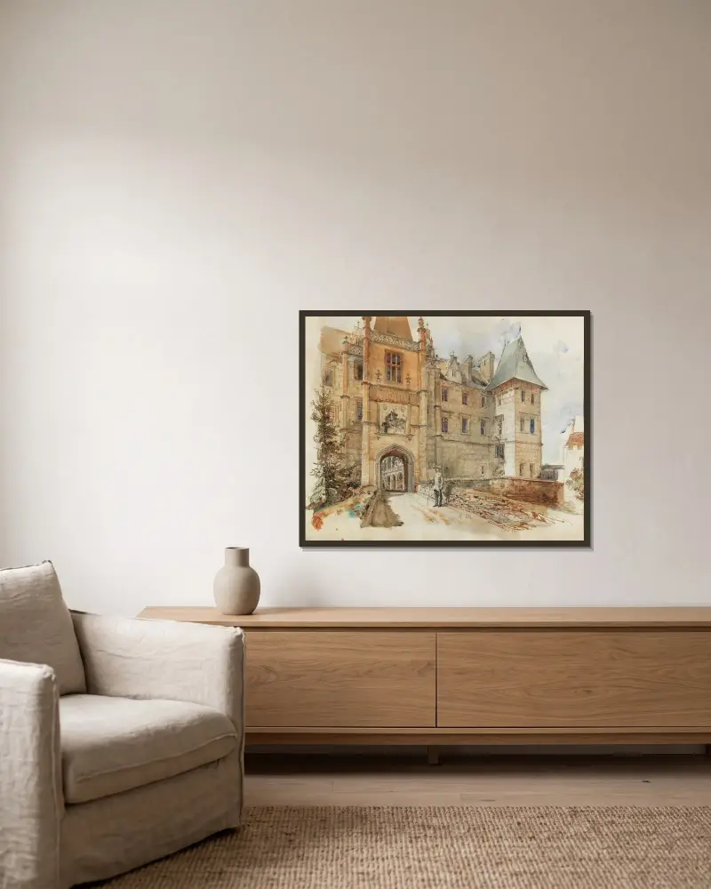 Brücke und Eingang zum Schloss Žleby von Rudolf von Alt gerahmt an einer Wand