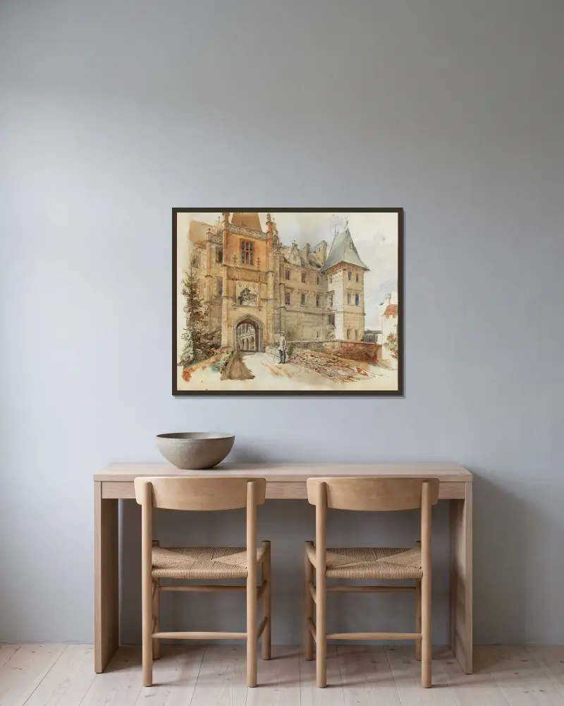 Brücke und Eingang zum Schloss Žleby von Rudolf von Alt gerahmt an einer Wand