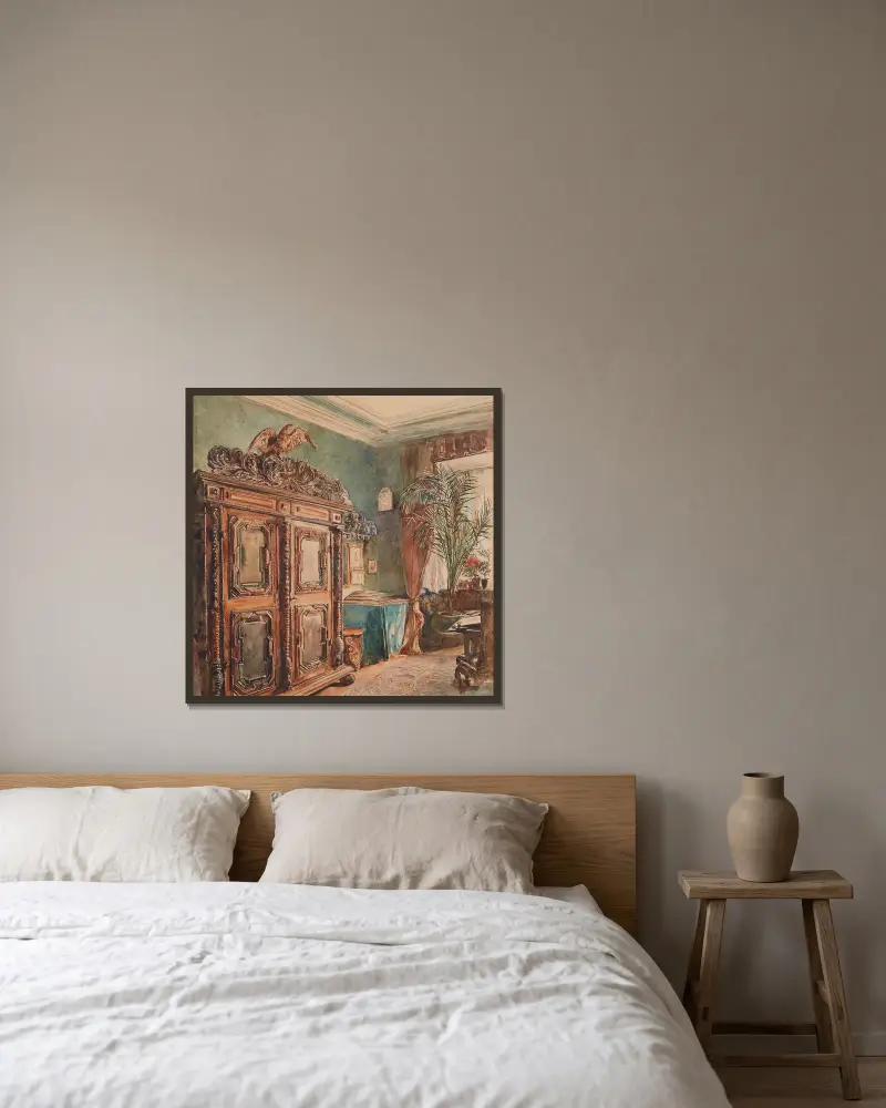 Das Arbeitszimmer des Künstlers av Rudolf von Alt inramad på en vägg
