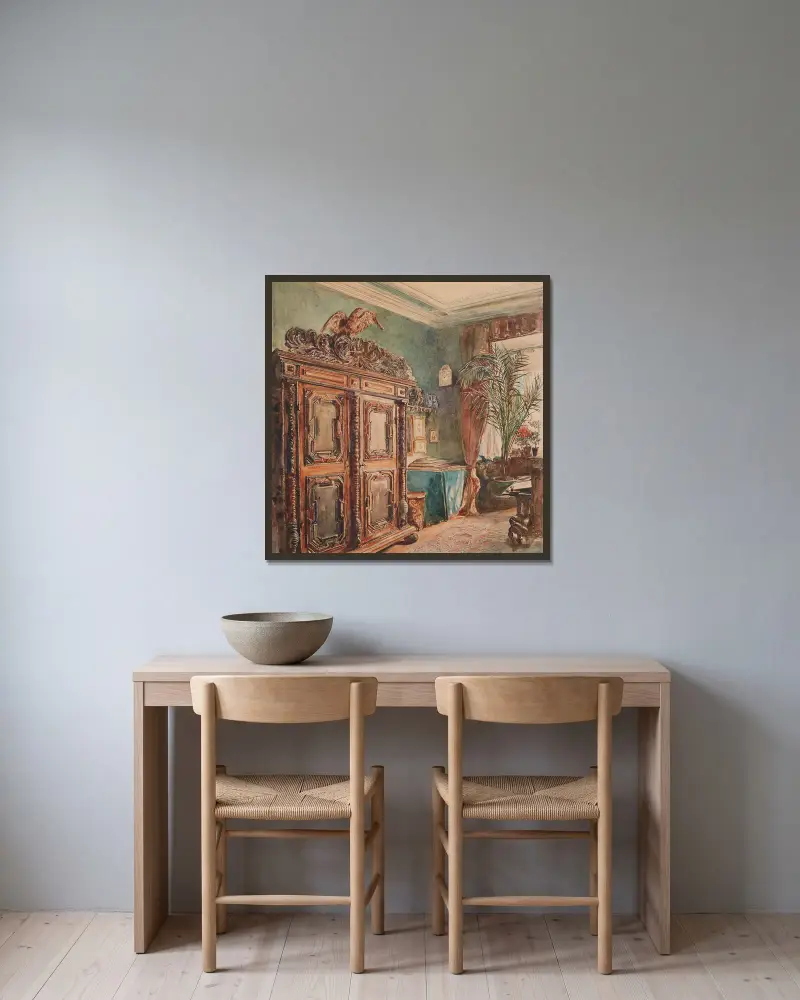 Das Arbeitszimmer des Künstlers av Rudolf von Alt inramad på en vägg