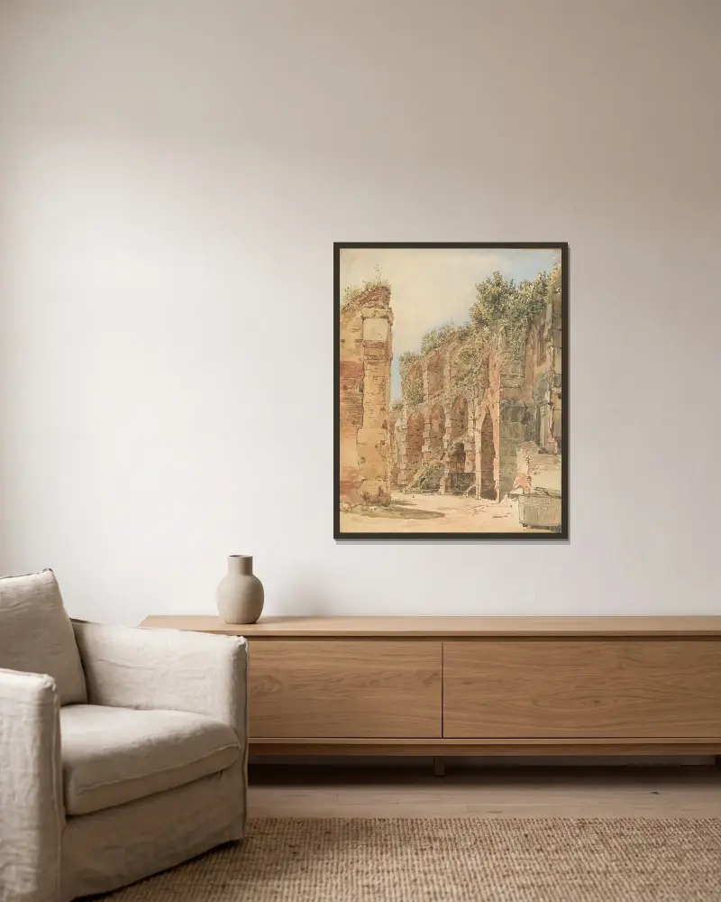 Die Burgruine Emmerberg in der neuen Welt bei Wiener Neustadt von Rudolf von Alt gerahmt an einer Wand