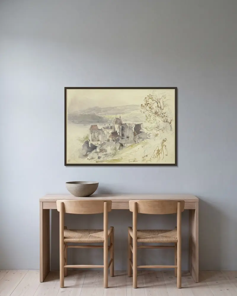 Die Ruinen der Klosterkirche Säusenstein an der Donau von Rudolf von Alt gerahmt an einer Wand
