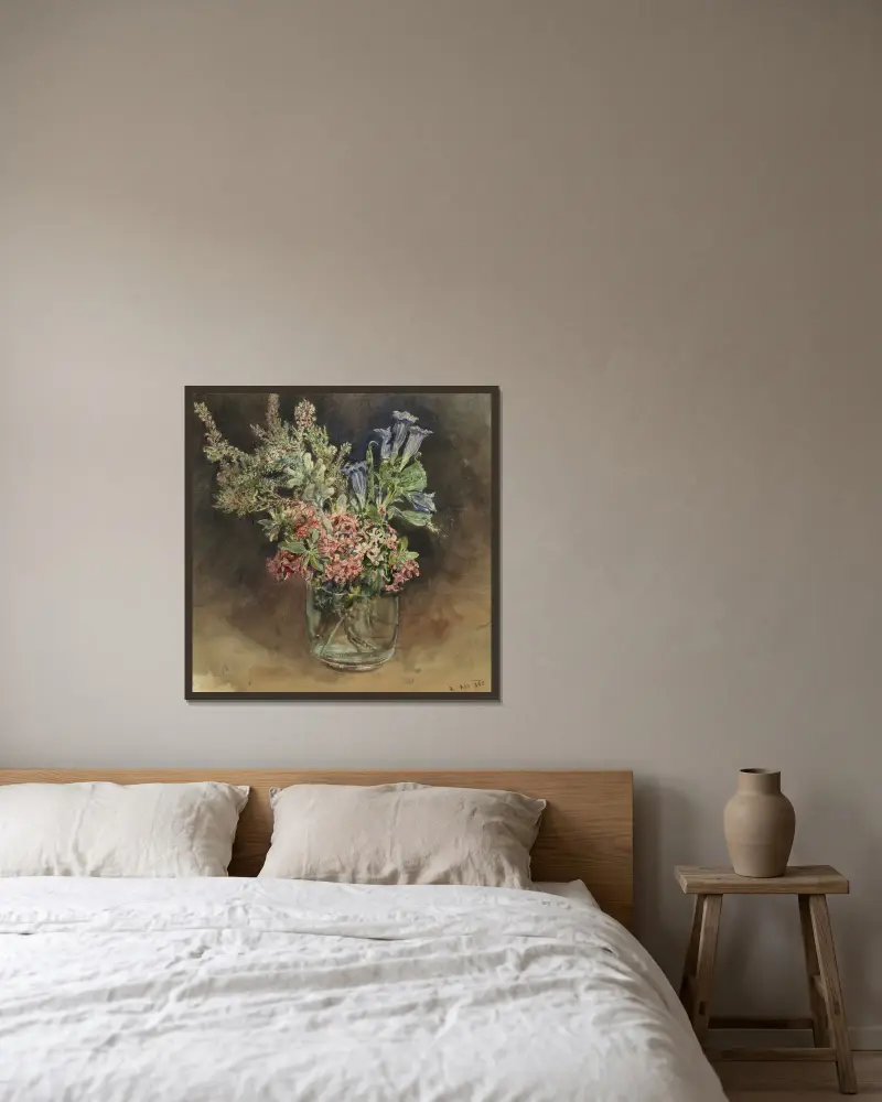 Glas met alpenbloemen av Rudolf von Alt inramad på en vägg