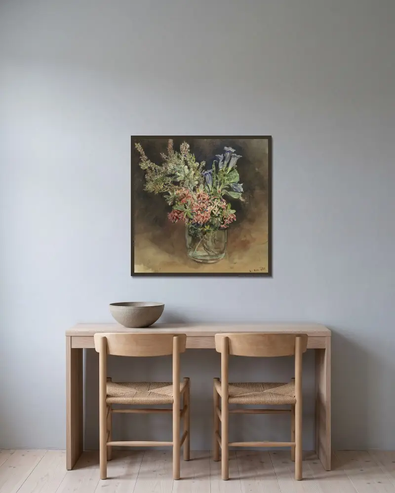 Glas met alpenbloemen av Rudolf von Alt inramad på en vägg