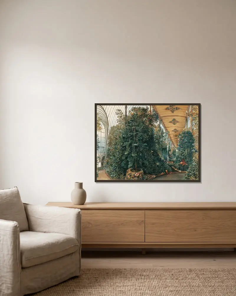 Innenansicht des Palmenhauses von Schloss Eisgrub von Rudolf von Alt gerahmt an einer Wand