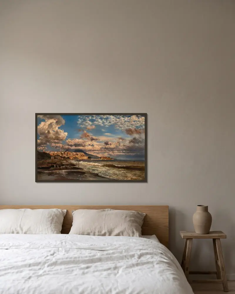 Neapel, Blick von Nordwesten über den Golf von Neapel mit dem Vesuv im Hintergrund von Rudolf von Alt gerahmt an einer Wand