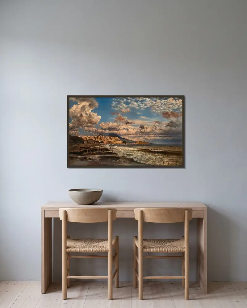 Neapel, Blick von Nordwesten über den Golf von Neapel mit dem Vesuv im Hintergrund von Rudolf von Alt gerahmt an einer Wand