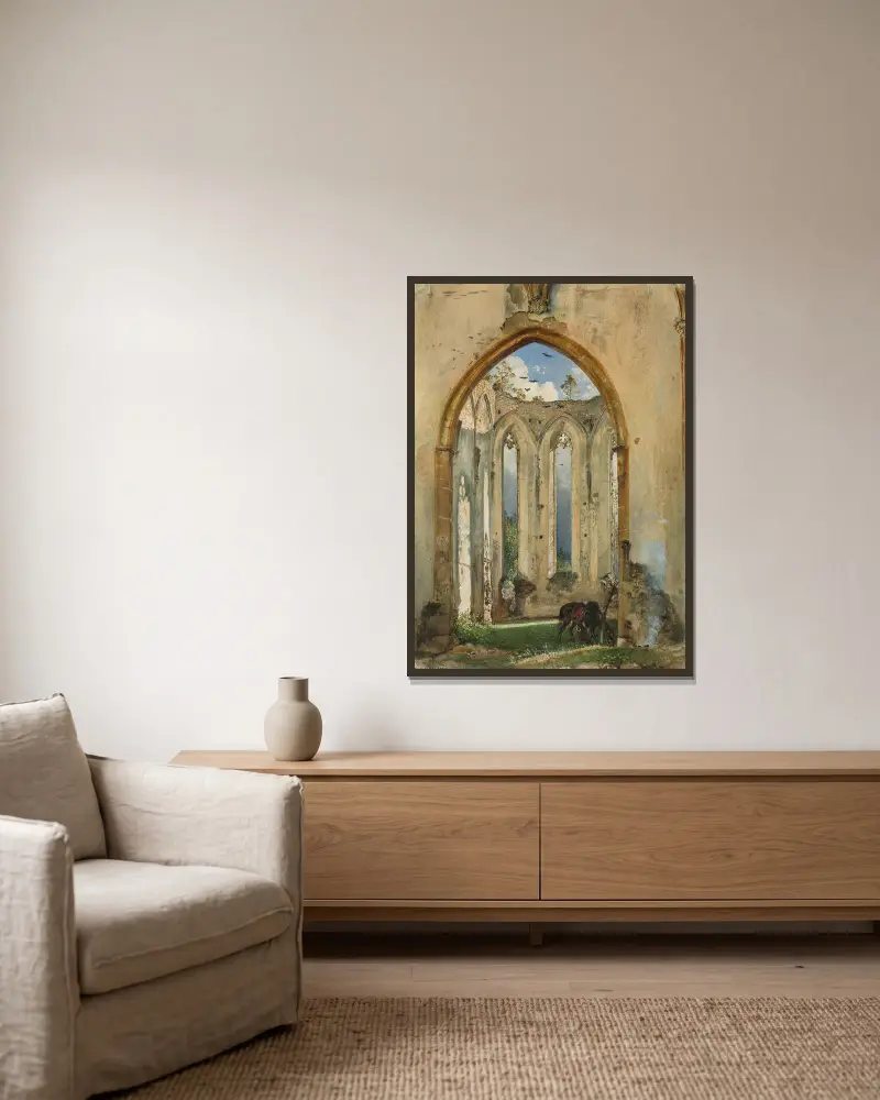 Ruin of a Church av Rudolf von Alt inramad på en vägg