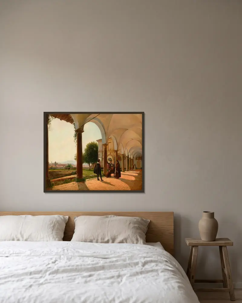 Tod des Torquato Tasso in Sant'Onofrio al Gianicolo, Rom von Rudolf von Alt gerahmt an einer Wand