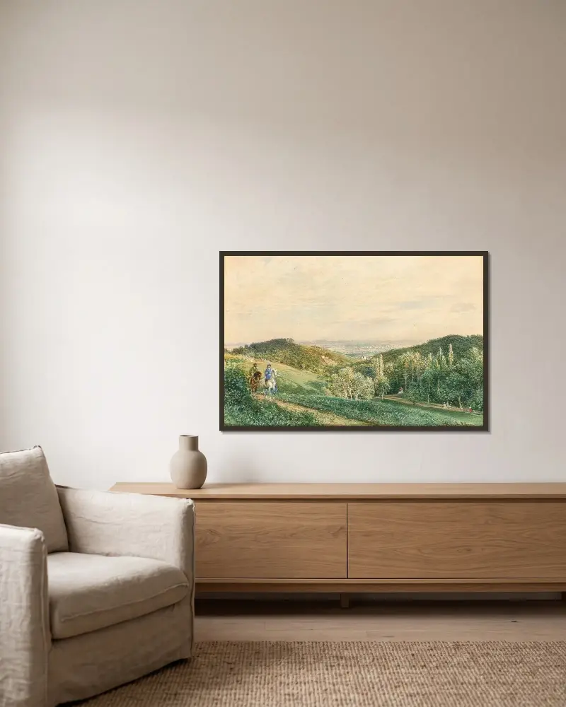 Blick vom Cobenzl auf Grinzing und Wien von Rudolf von Alt gerahmt an einer Wand