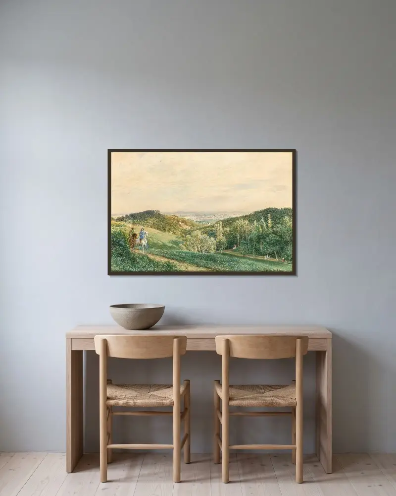 Blick vom Cobenzl auf Grinzing und Wien von Rudolf von Alt gerahmt an einer Wand