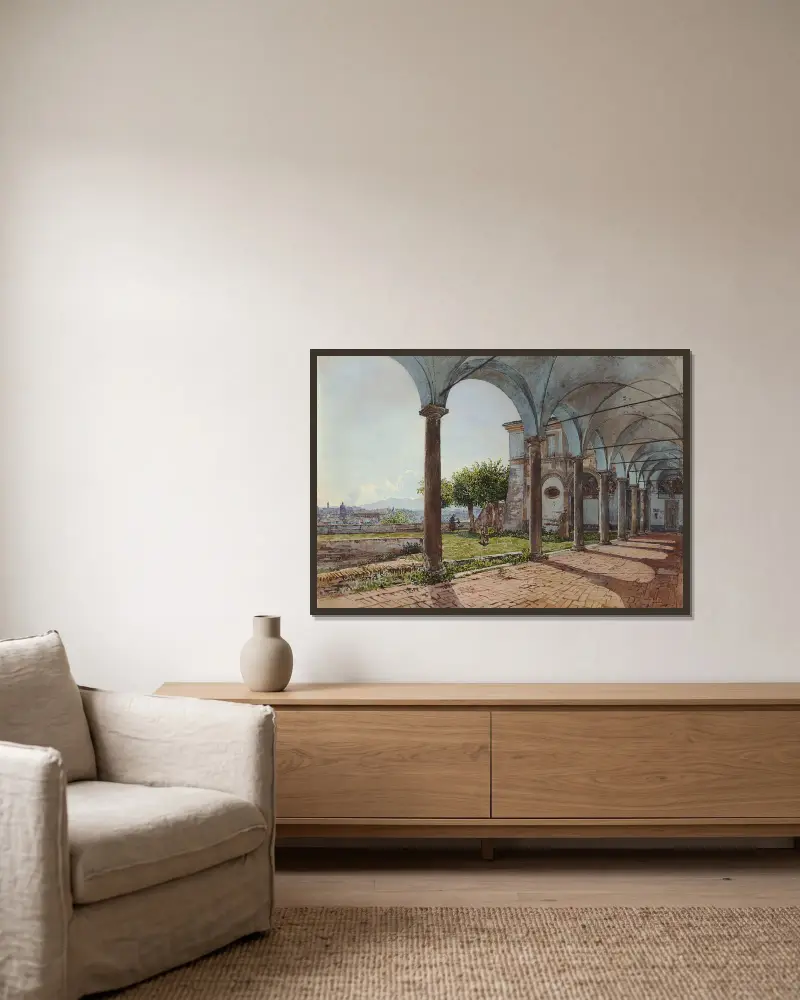 Blick von Sant'Onofrio auf Rom von Rudolf von Alt gerahmt an einer Wand