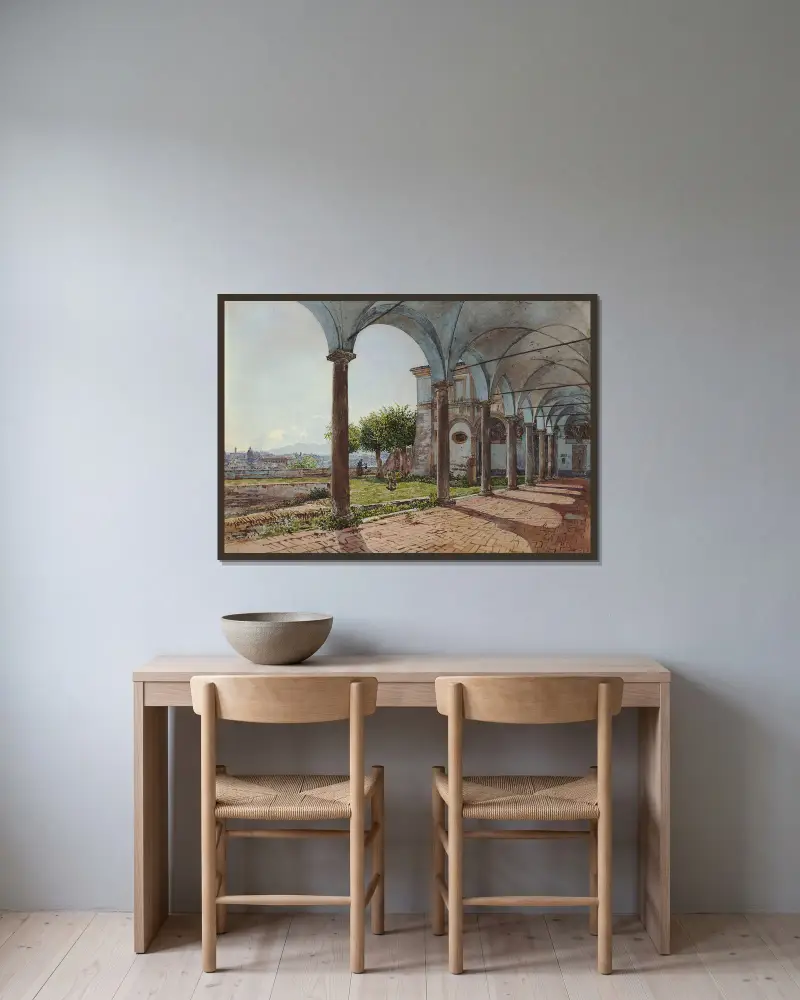 Blick von Sant'Onofrio auf Rom von Rudolf von Alt gerahmt an einer Wand